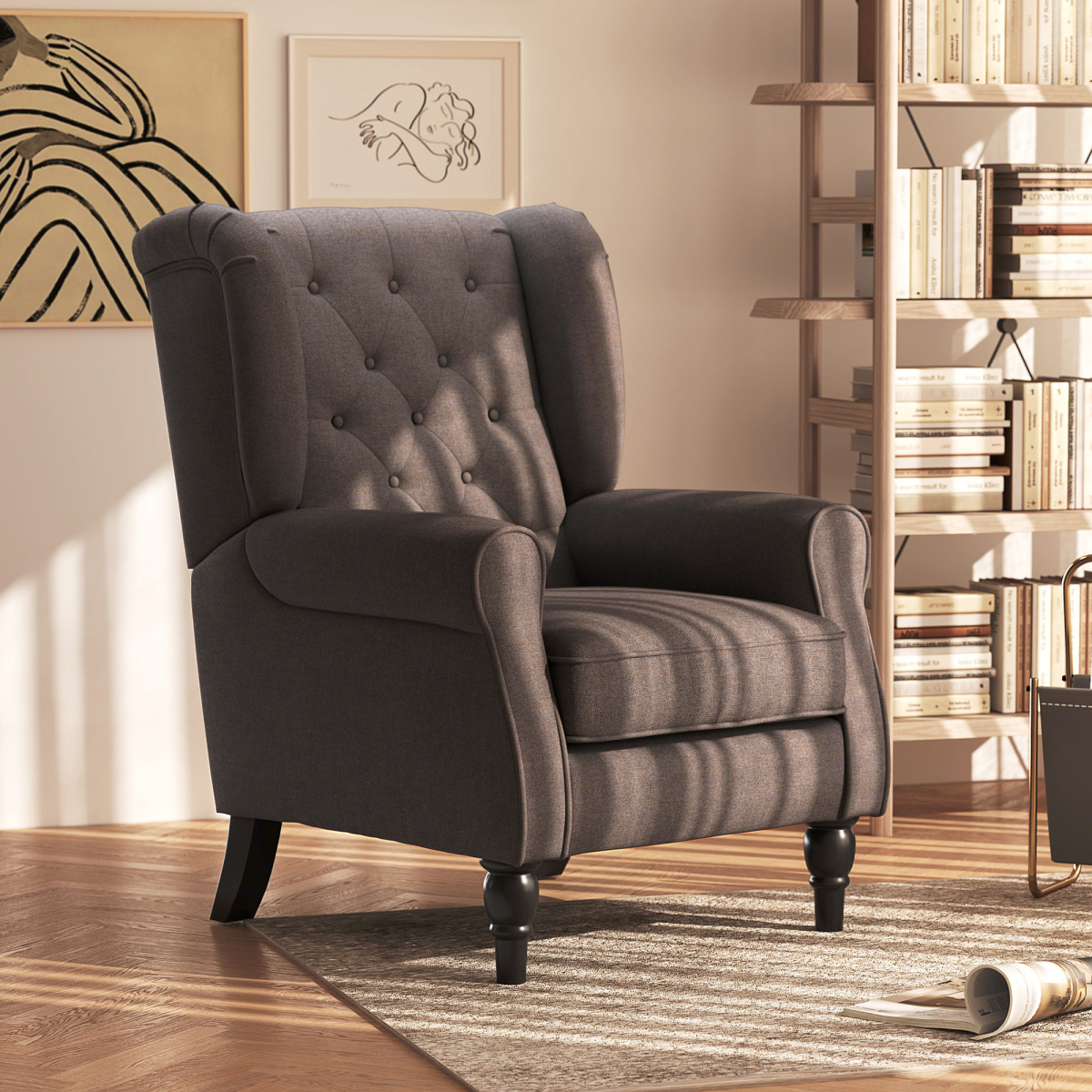 Retro Wingback Accent Armchair with Solid Wood Frame & Padded Seat – Vintage Living Room Chair, Brown