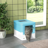 PawHut Hooded Cat Litter Box with Top Exit, Scoop & Removable Tray – Enclosed Pet Toilet, Light Blue