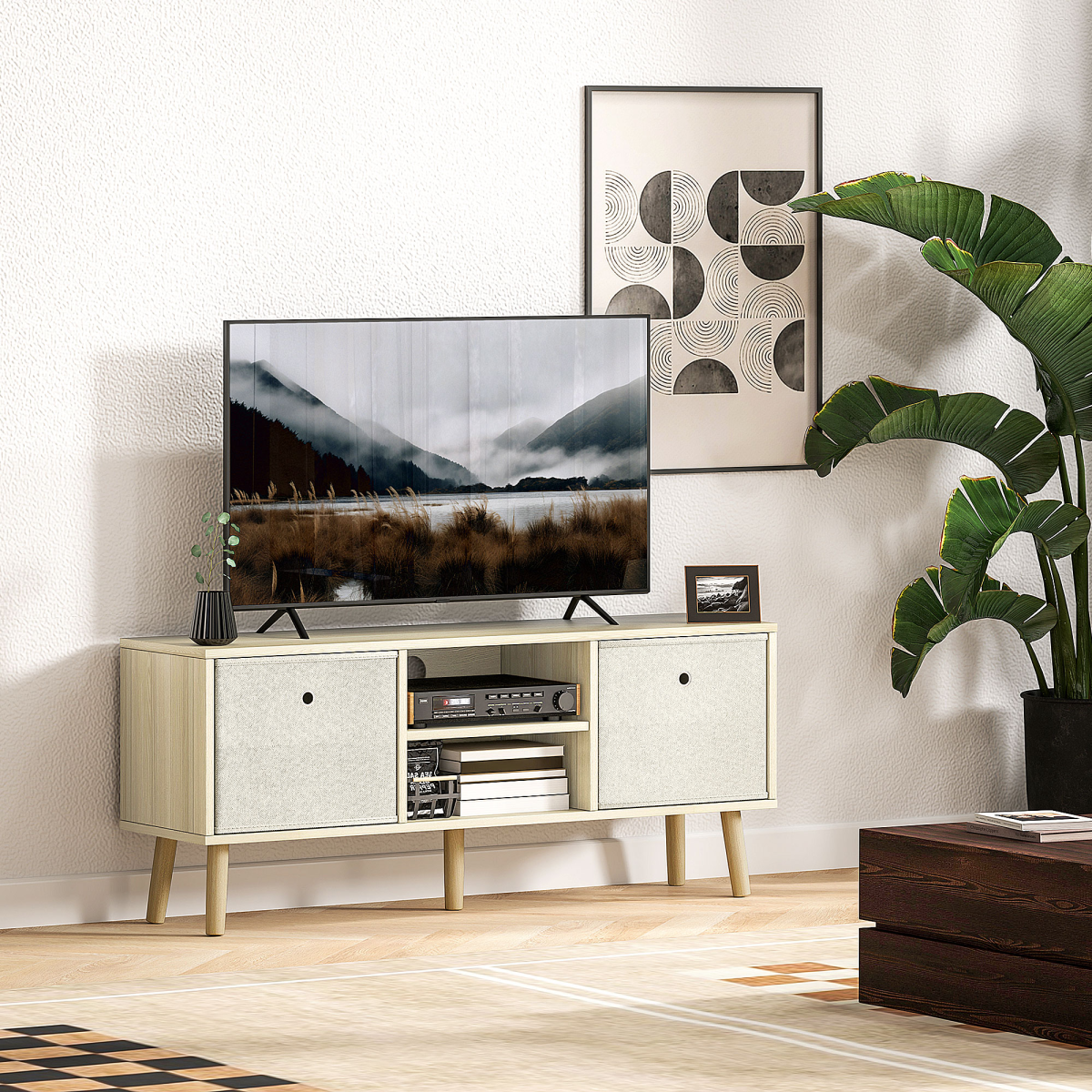 HOMCOM Modern TV Cabinet Stand with Two Removable Fabric Drawers and Shelves – Bedroom Media Unit, Natural