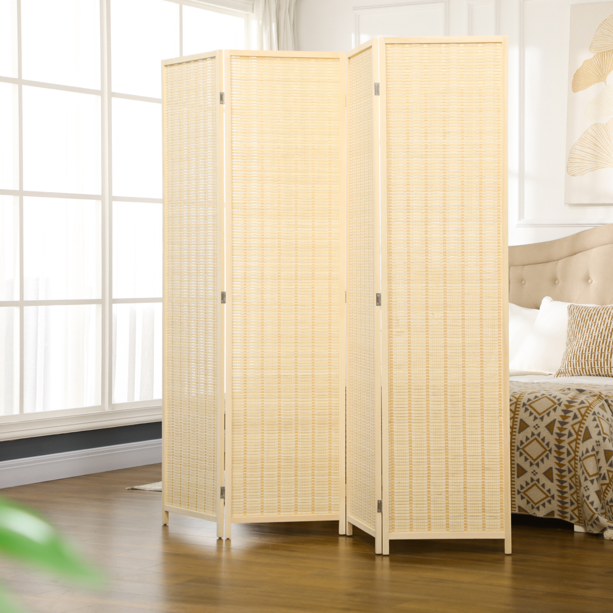 HOMCOM 4 Panel Folding Room Divider Privacy Screen, 170cm – Space Divider with Hinged Panels, Natural