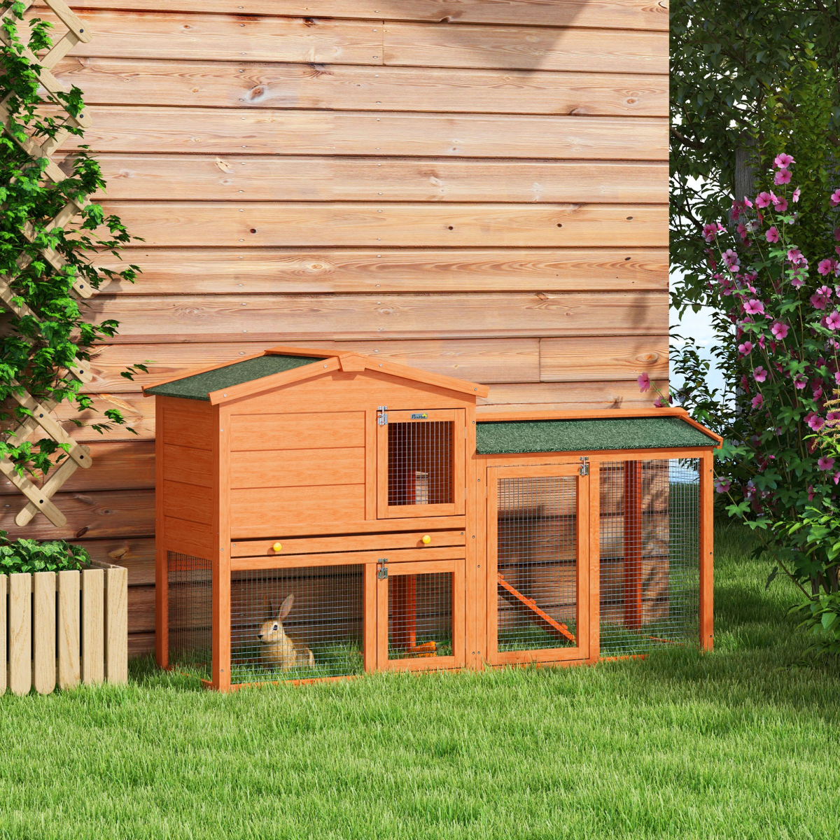 PawHut Wooden Rabbit Hutch with Run, Ramp & Slide-out Tray – Weatherproof Outdoor Pet House, Orange