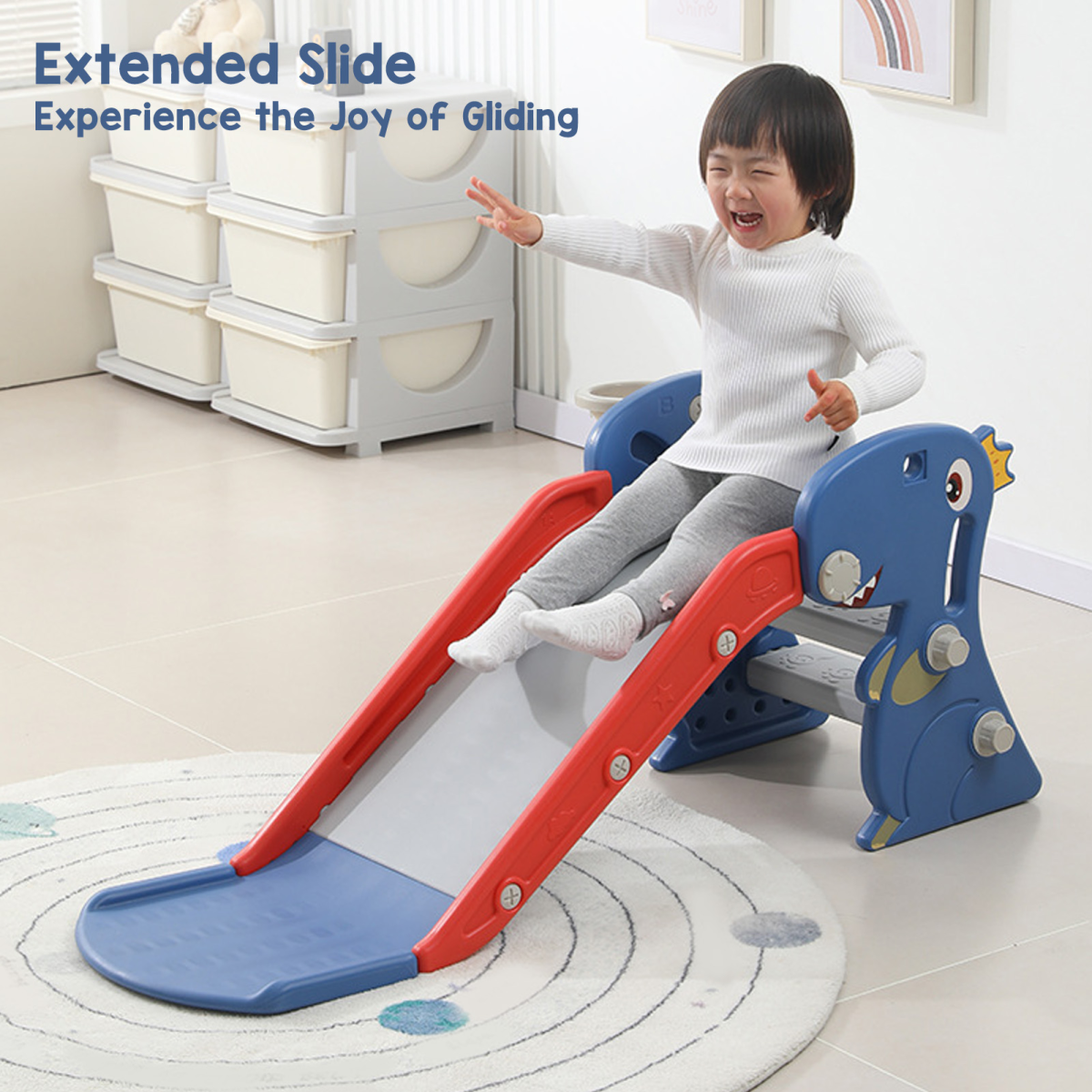 Toddler Indoor Dinosaur Slide with Basketball Hoop and Stairs – Foldable, Easy Assembly, Blue, Ages 0–3