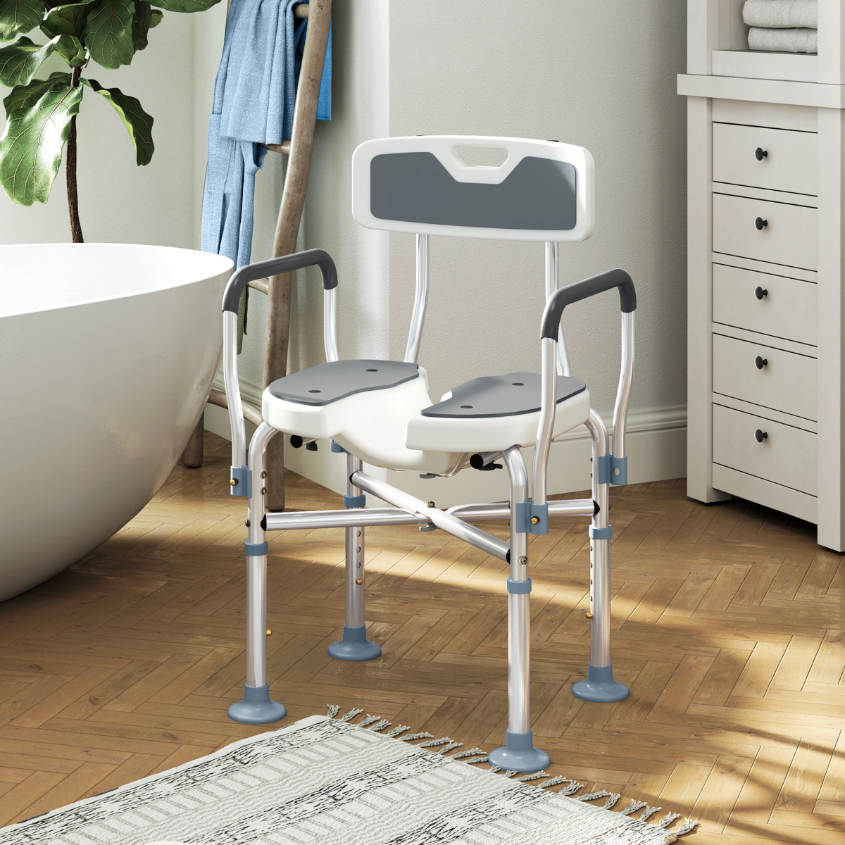 HOMCOM Shower Stool with Padded Seat, Drainage Holes & Aluminium Frame – 136kg Capacity, Adjustable Height