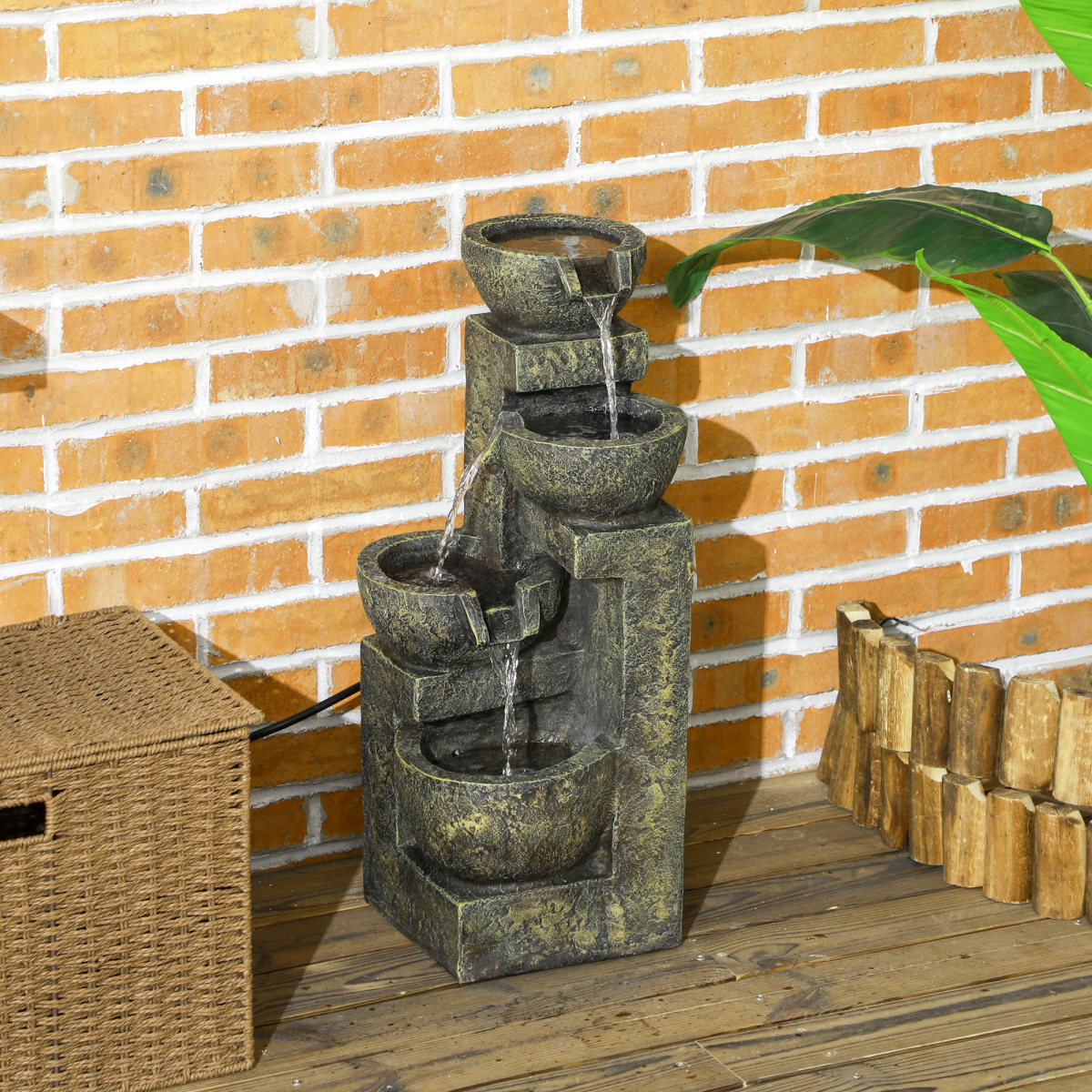 Outsunny 4-Tier Stone-Look Garden Water Fountain with Pump & Adjustable Flow – Cascading Resin Water Feature