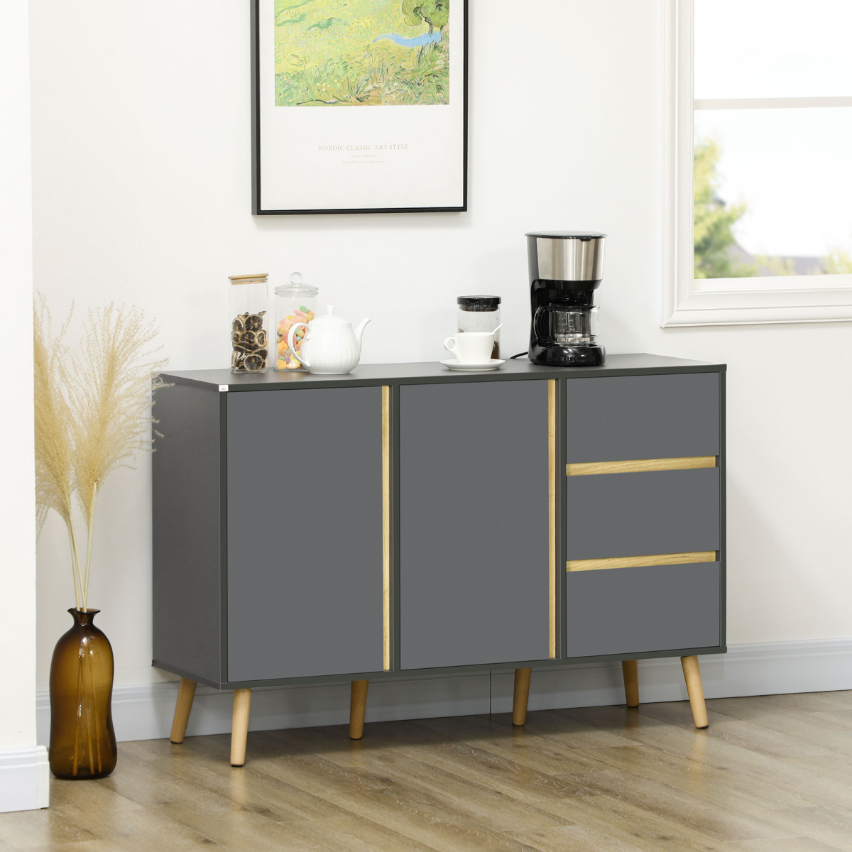 HOMCOM Sideboard Kitchen Cupboard with 3 Drawers, Adjustable Shelves & Double Doors – Dark Grey