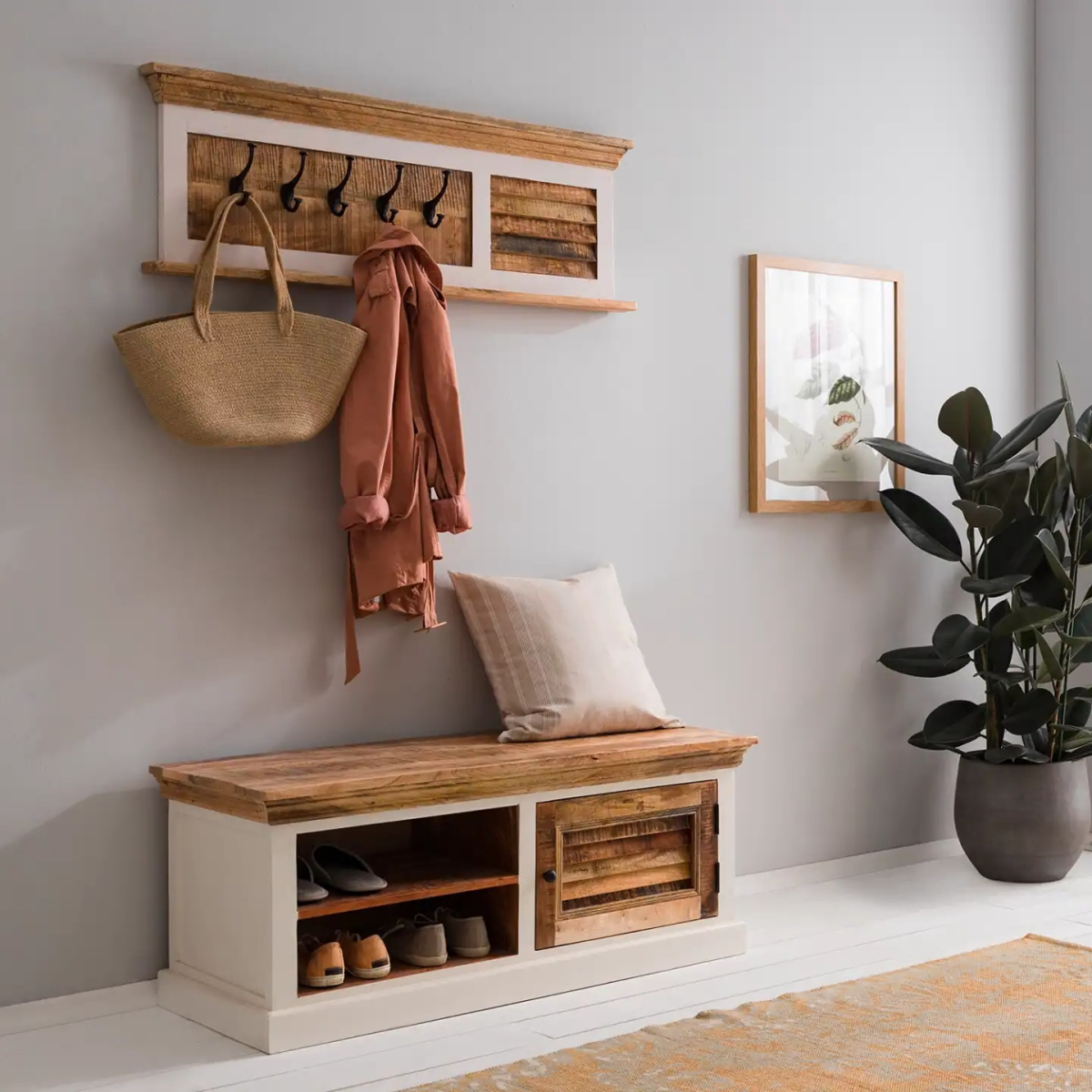 Alfie Solid Mango Wood Shoe Rack and Wall Hook Set – Hallway Storage, Natural and White Finish
