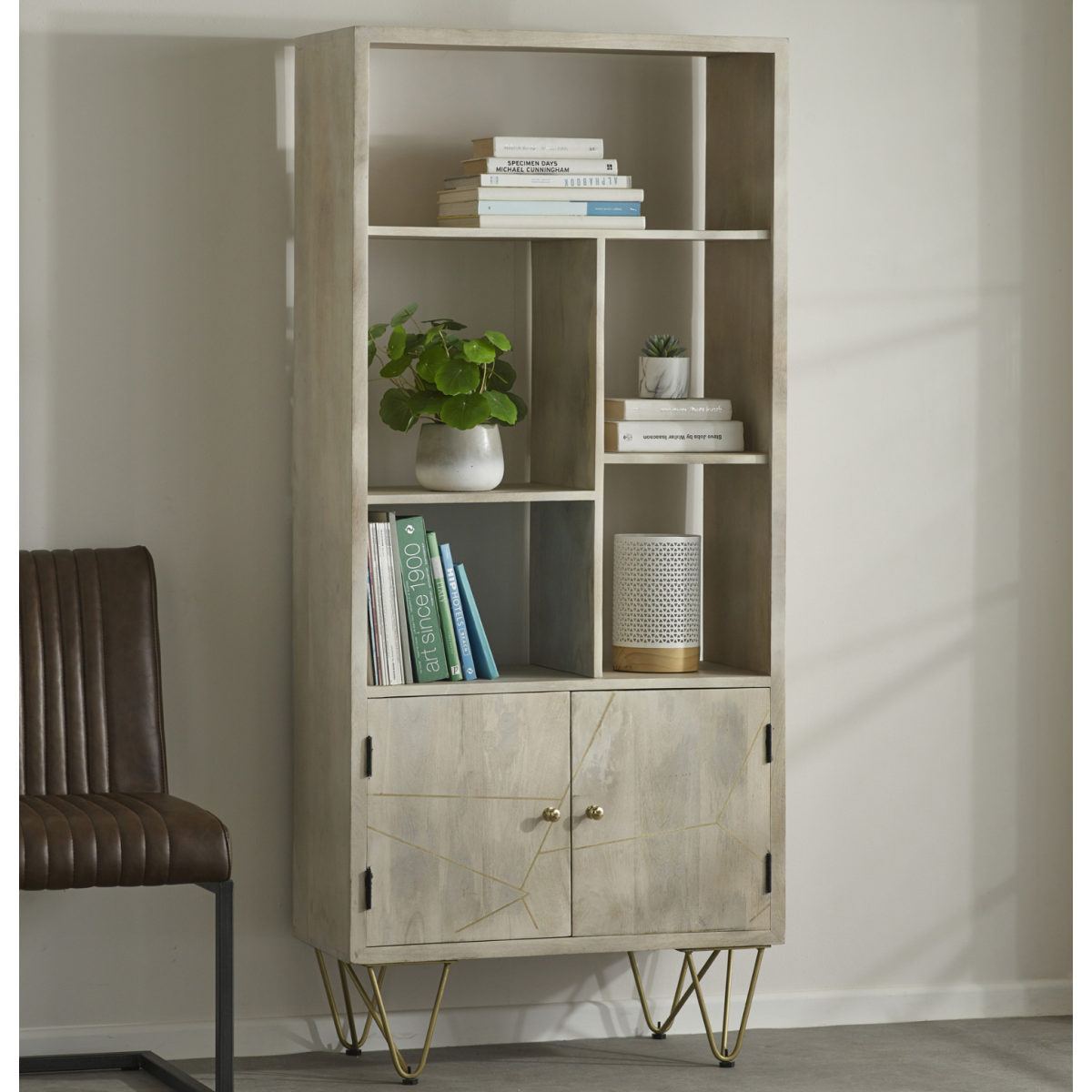 Large 2 Door Bookcase with Light Gold Metal Inlay – Solid Wood Storage & Display Cabinet