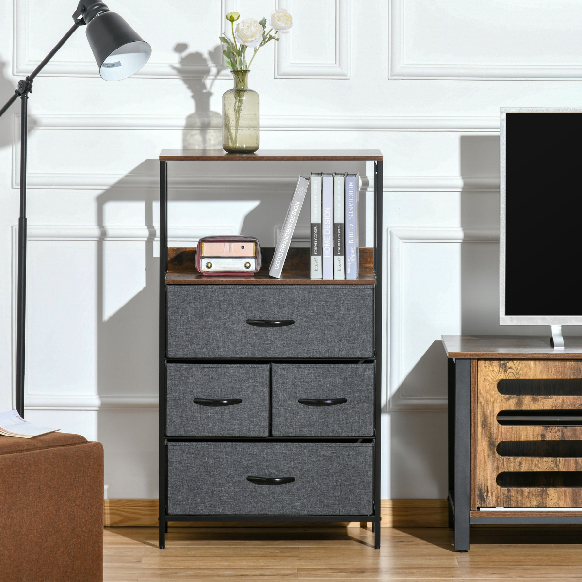 4 Drawer Storage Chest Unit with Top Shelves and Metal Frame – Living Room and Bedroom Storage, Black