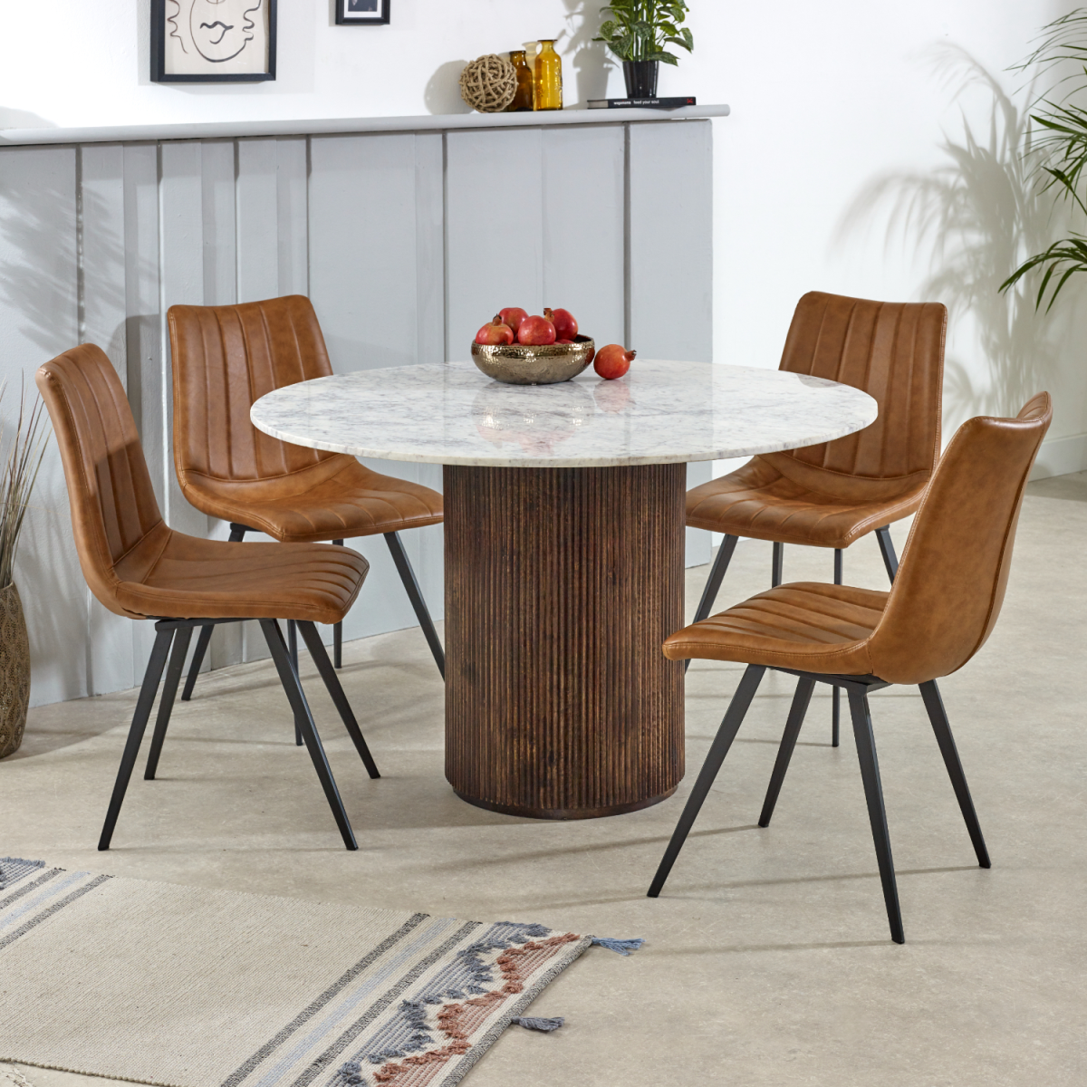 Opal Round Mango Wood Dining Table with White Marble Top – Handmade Artisan Table for Sociable Dining