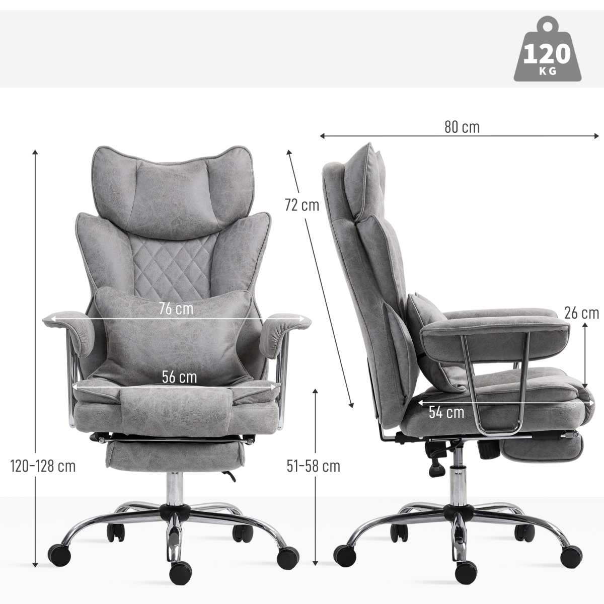 High Back Reclining Gaming Chair with Footrest & Lumbar Pillow – Leathaire Swivel Computer Chair, Grey
