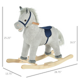 Kids Wooden Rocking Horse with Corduroy Finish, Footrest & Neighing Sounds – Traditional Ride-On, Grey