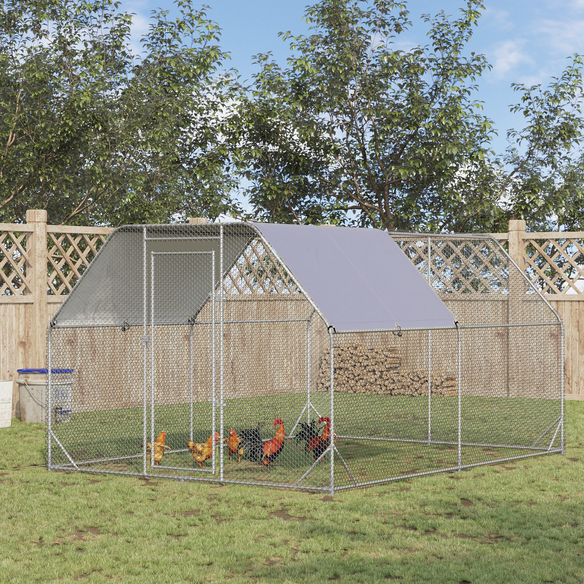 PawHut Walk-In Chicken Run with Roof Cover, Galvanised Steel Coop for 10-12 Chickens – 3.8m Hen House