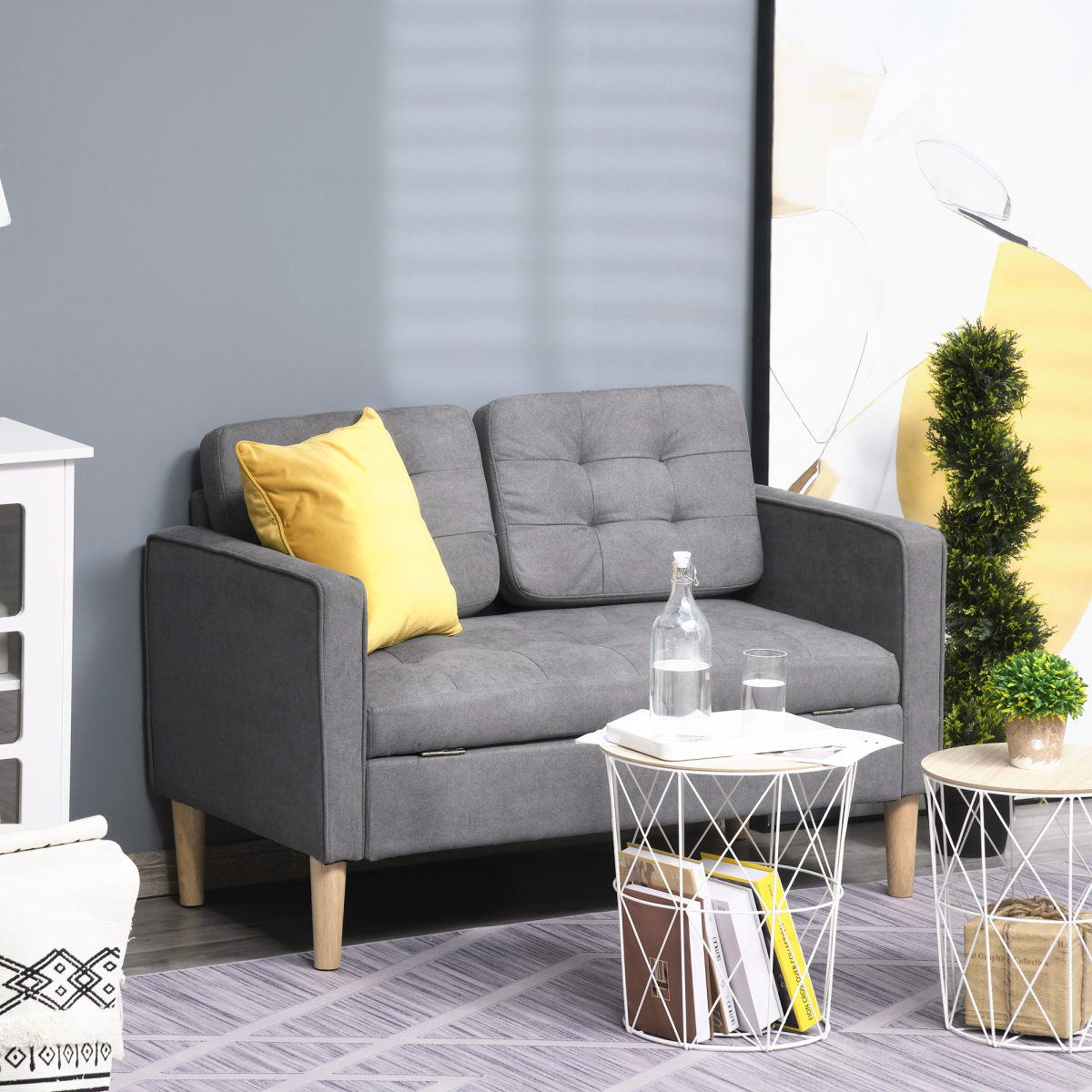 HOMCOM Grey Loveseat Sofa side view showing wood legs