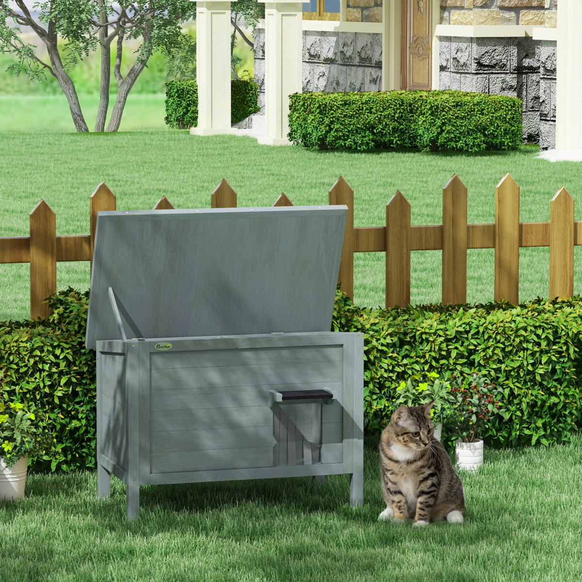 PawHut Insulated Outdoor Cat House with Openable Roof & Curtained Door – Weatherproof Shelter, Grey