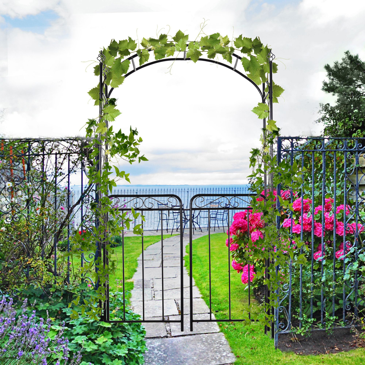 Outsunny Metal Garden Arch Gate with Double Doors & Side Trellis – Decorative Arbor for Climbing Plants, Black