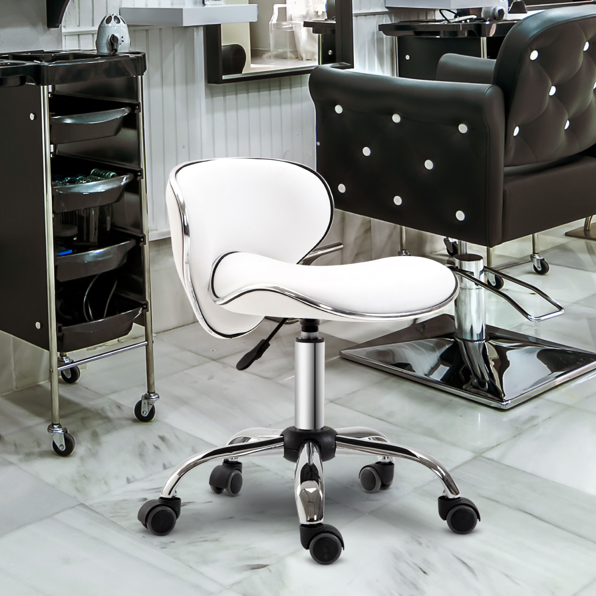 HOMCOM Rolling Salon Stool with Low Back, Saddle Seat & Height Adjustment – Beauty Technician Chair, White
