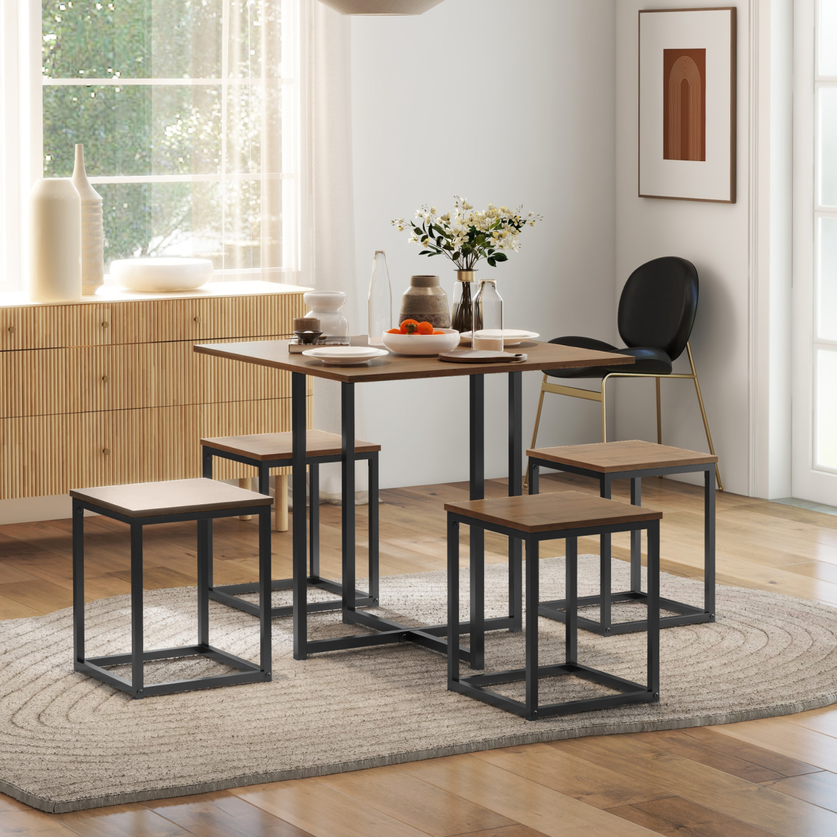 HOMCOM Industrial 5-Piece Dining Set with Table and 4 Stools, Steel Frame – Space-Saving Kitchen Set, Black/Brown