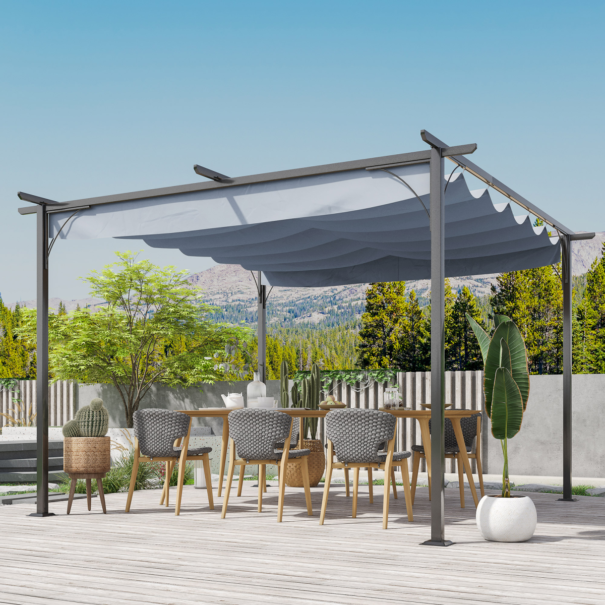 Outsunny 3.5x3.5m Retractable Metal Pergola Gazebo with Anti-UV Canopy & Steel Frame – Garden Patio Shade, Grey