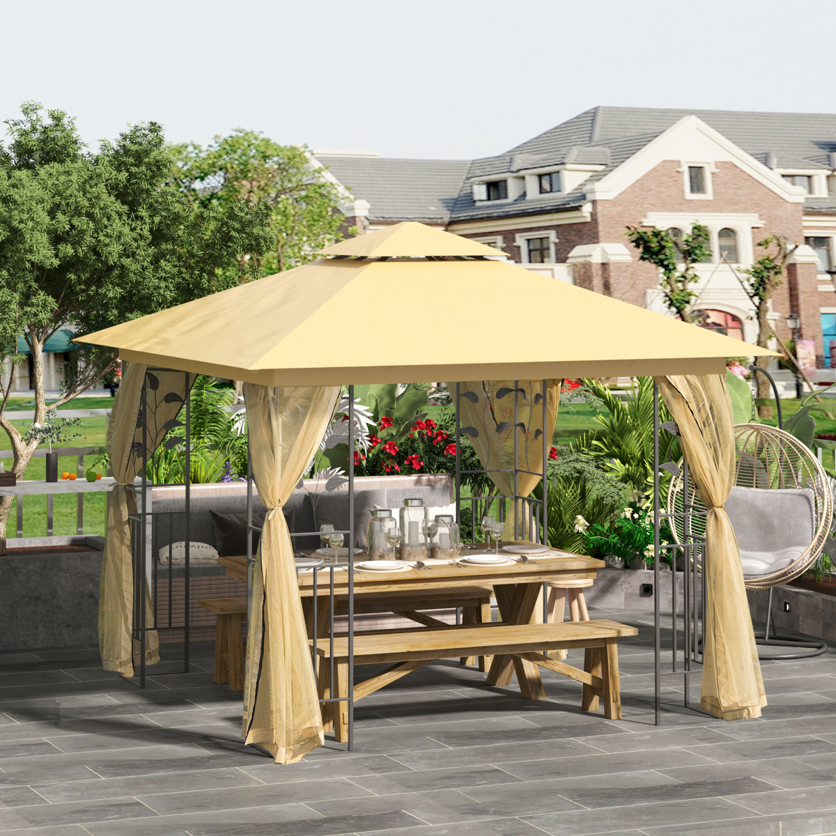 Outsunny 3x3m Double Tier Gazebo with Mesh Sidewalls & Steel Frame – Garden Party Netting Shelter, Beige