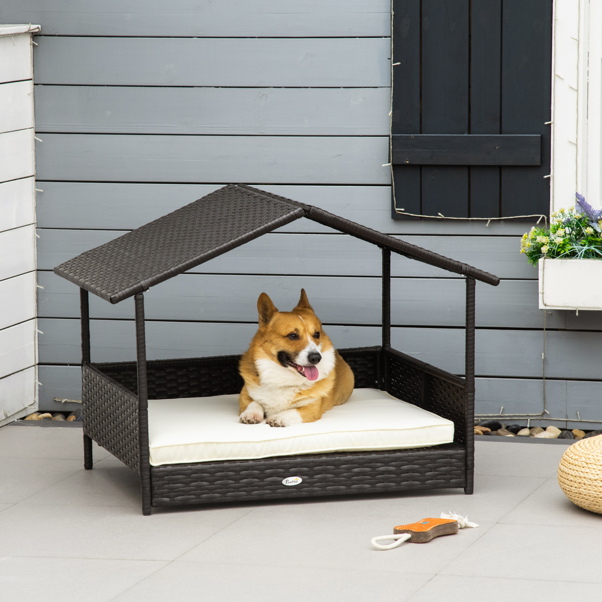 PawHut Wicker Dog House with Soft Cushion – Raised Rattan Pet Bed & Cat Basket for Small and Medium Dogs, Cream