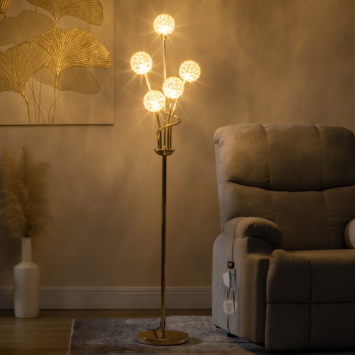 HOMCOM K9 Crystal 5-Light Upright Floor Lamp with Bead-Filled Shades – Glamorous Statement Lighting, Gold