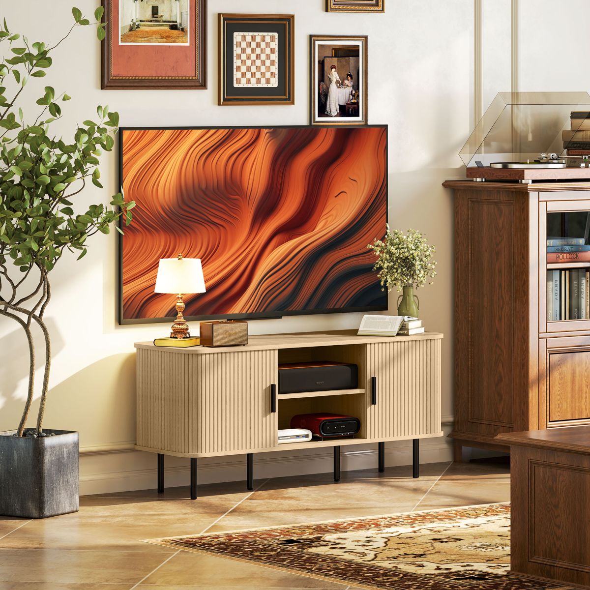 HOMCOM TV Unit with Two Open Shelves, Two Cupboards & Cable Management – Living Room Media Storage, Oak Tone