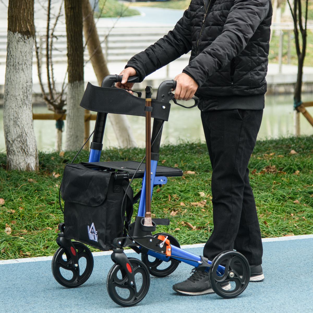 HOMCOM 4 Wheel Rollator Walker with Seat & Bag, Foldable with Height Adjustable Handles – Mobility Aid, Blue