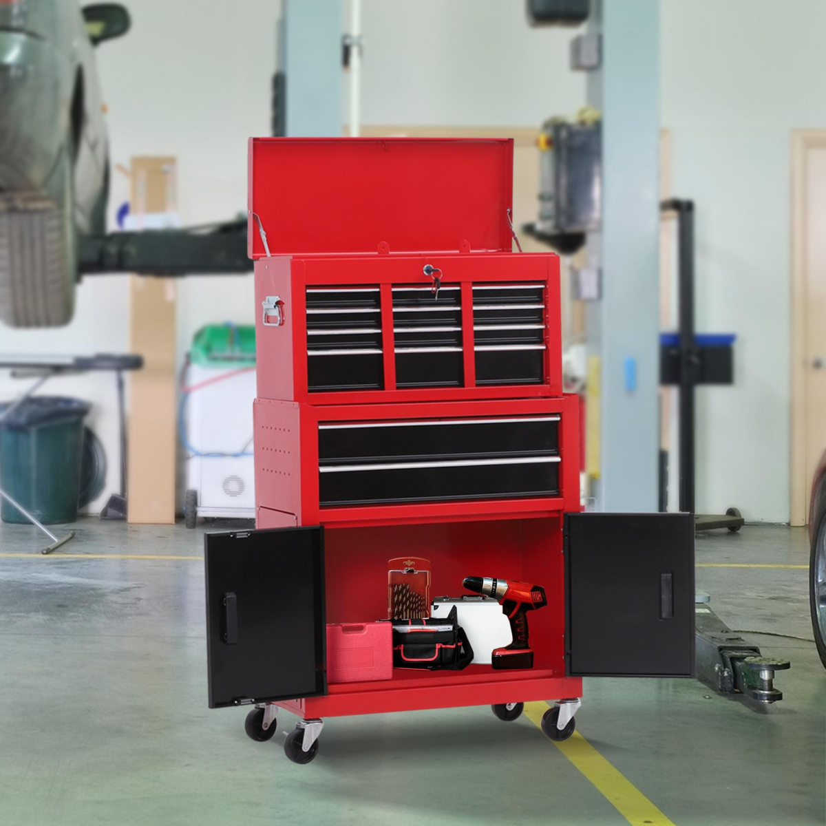 HOMCOM Portable Steel Tool Top Chest with Storage Drawers & Lift-Up Lid – Workshop Tool Storage, Red