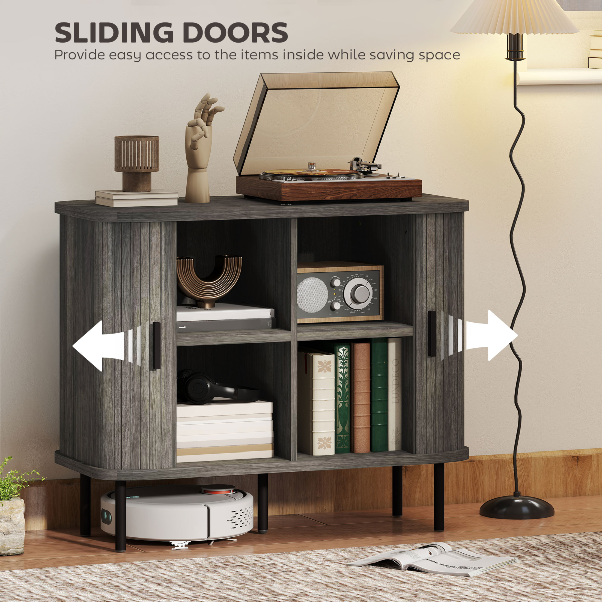 Mid-Century Sideboard with Slatted Tambour Sliding Doors – Kitchen & Hallway Storage Cabinet, Grey & Black