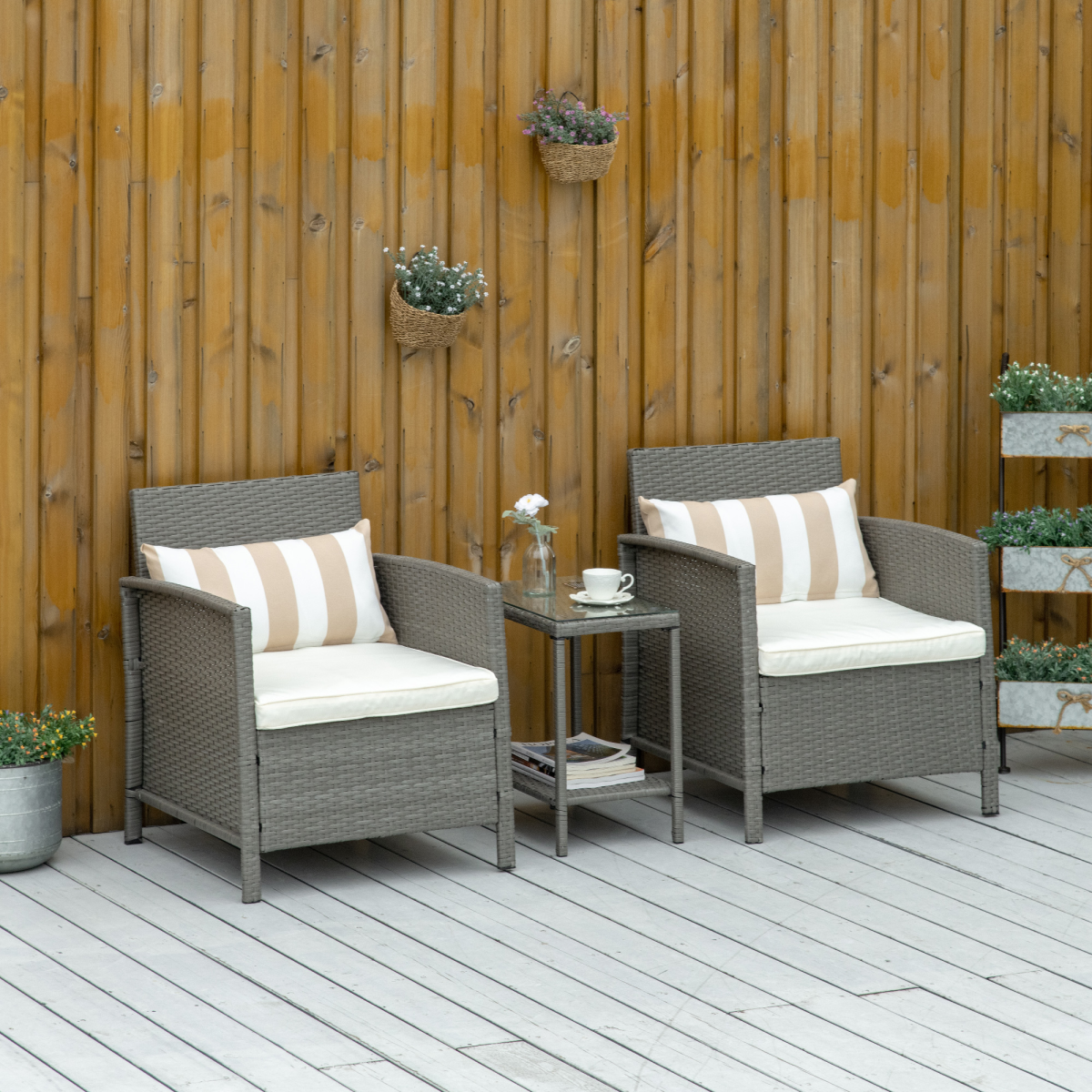 Outsunny Rattan Bistro Set with Glass-Top Table and Cushioned Chairs – Patio Furniture, Grey and Cream White