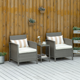 Outsunny Rattan Bistro Set with Glass-Top Table and Cushioned Chairs – Patio Furniture, Grey and Cream White