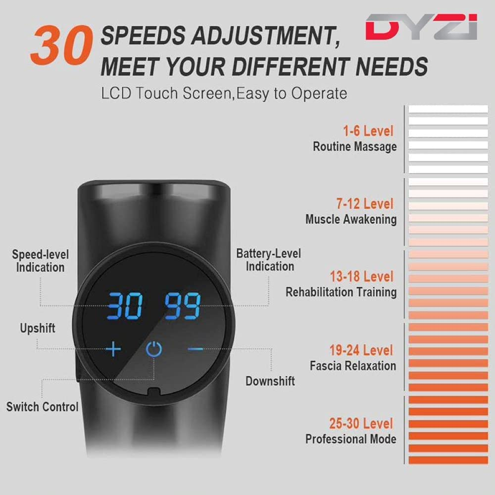 Dyzi Handheld Massage Gun with 6 Heads, LCD Touch Screen & 30 Speeds – Portable Percussion Muscle Massager