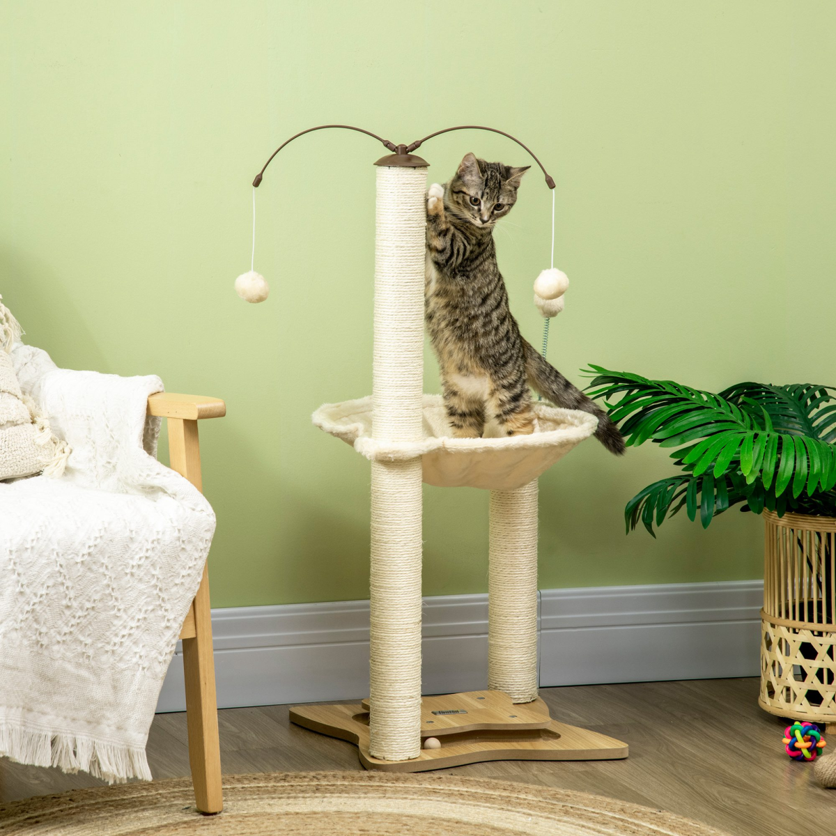 PawHut Cat Tree for Indoor Cats with Sisal Scratching Posts, Hammock & Toy Ball – Beige, 90cm