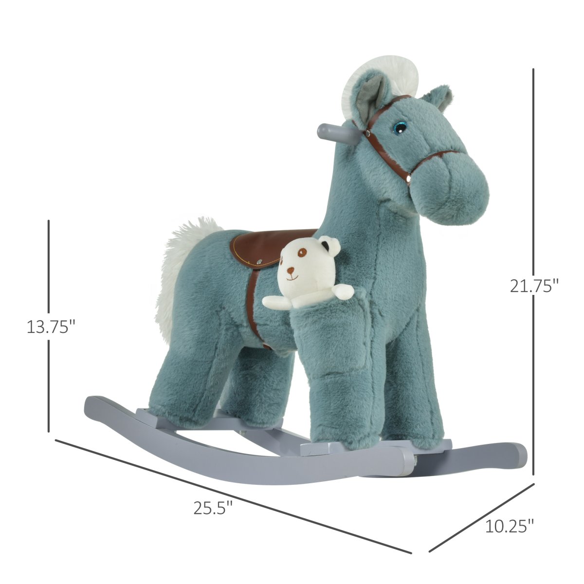 Kids Plush Rocking Horse with Animal Sounds and Free Bear Toy, Wooden Base – Blue, 3 Years+