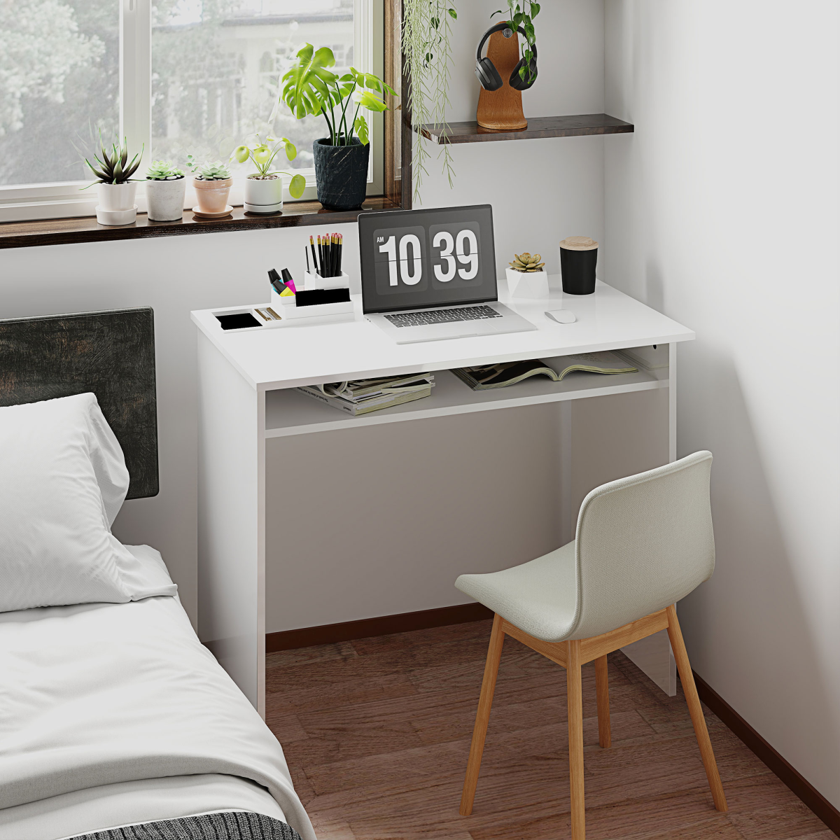 HOMCOM High Gloss Computer Desk with Built-In Storage & Spacious Top – Home Study Workstation, White