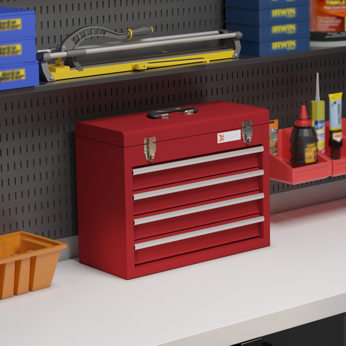 DURHAND Lockable 4-Drawer Steel Tool Chest with Ball Bearing Slides and Top Compartment, Red