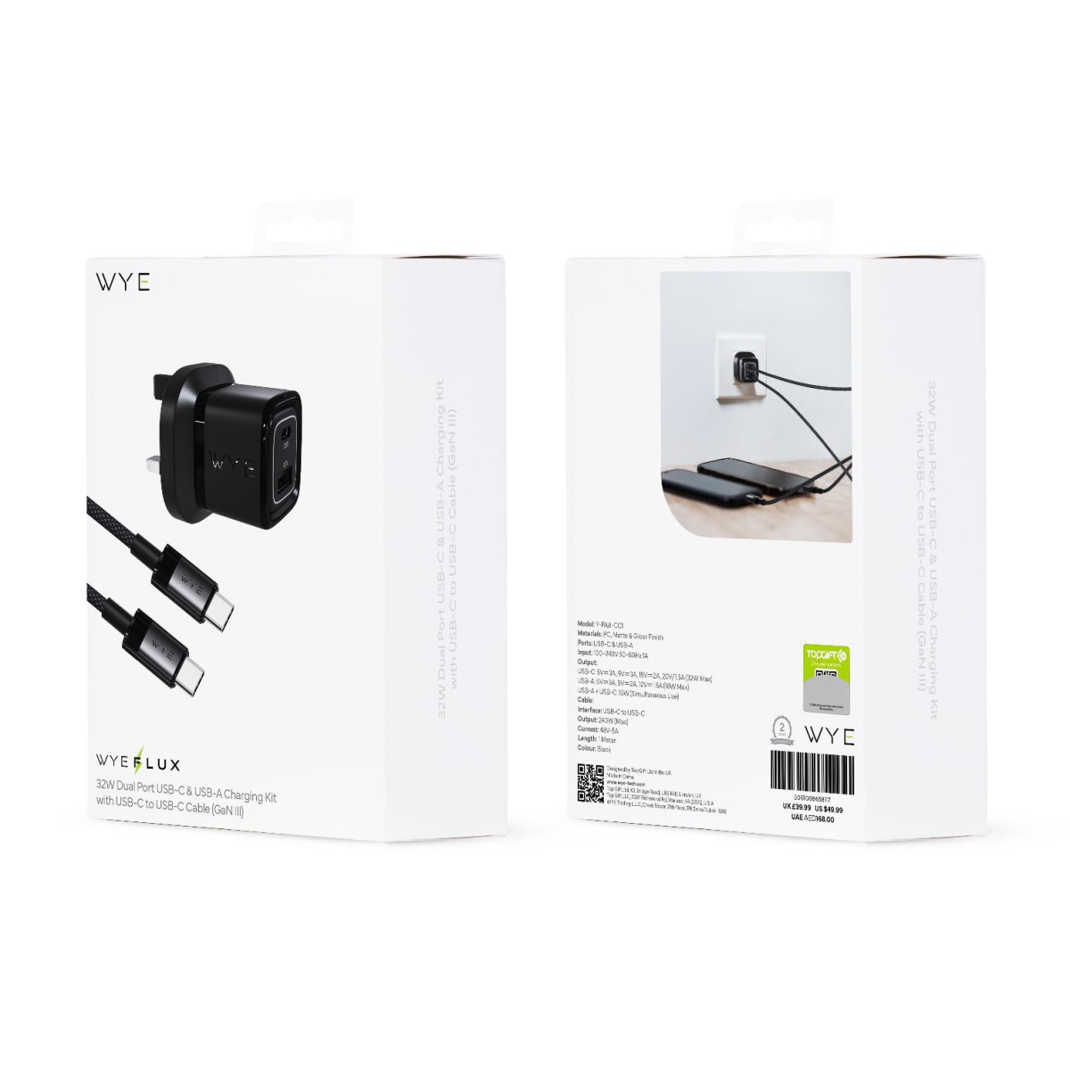 WYEFLUX 25W Single USB-C GaN III Charger with USB-C to USB-C Cable – Fast Charging Kit, Black/White