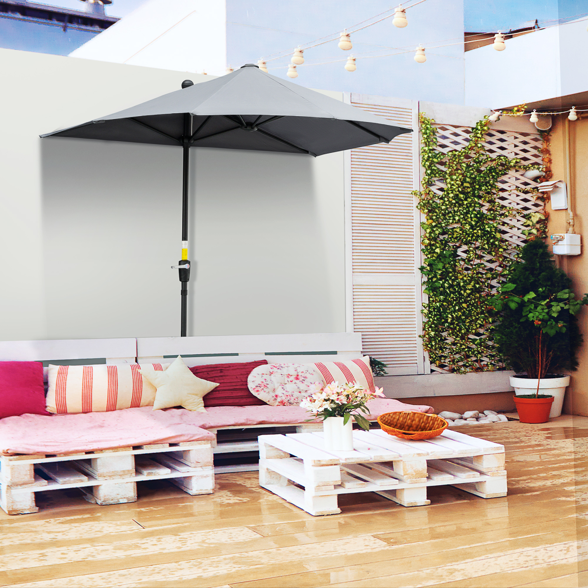 Outsunny 2m Half Garden Parasol with Crank Handle & Base – Double-Sided Canopy for Small Spaces, Dark Grey