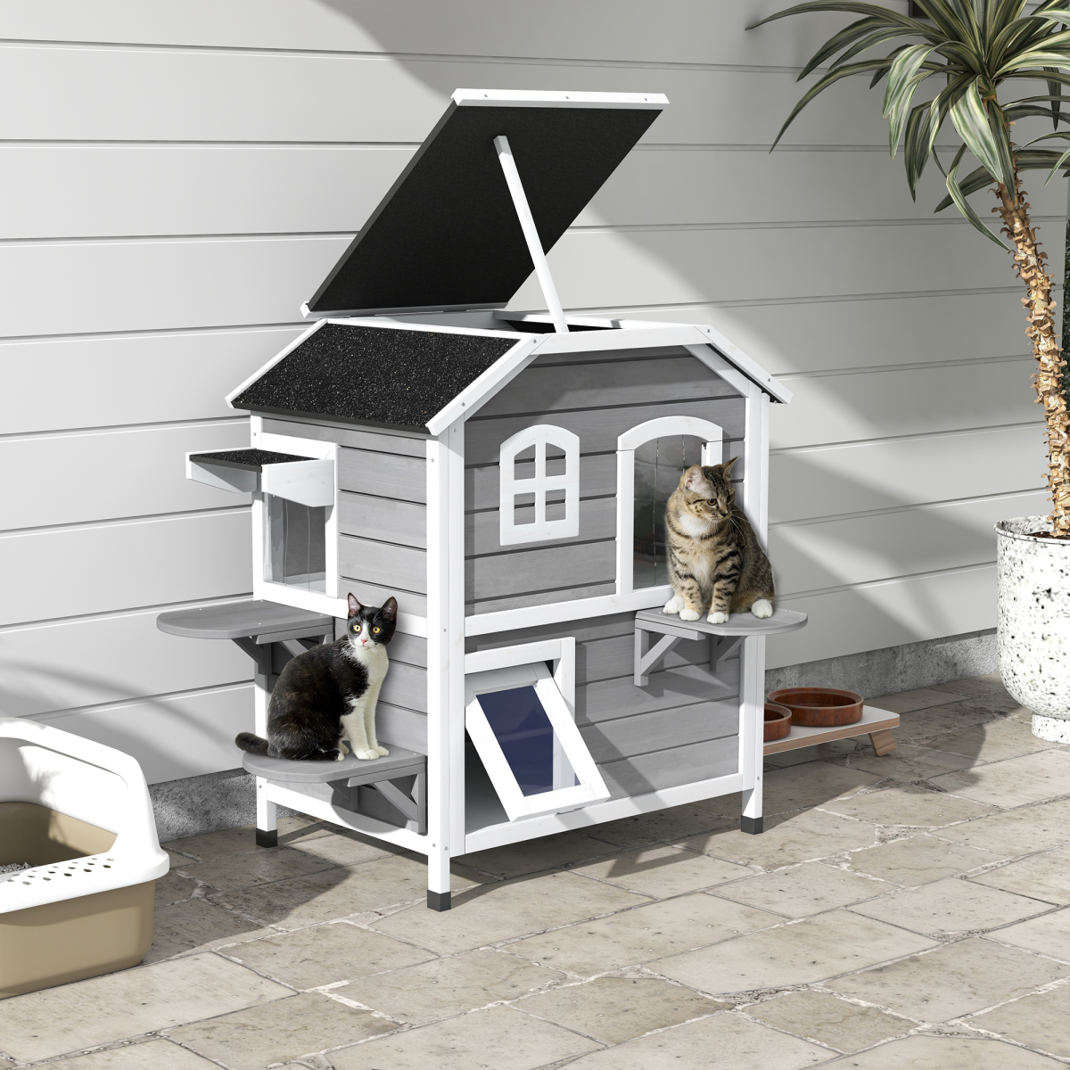 PawHut Two-Storey Cat Condo with Openable Roof – Fir Wood Indoor & Outdoor Catio House, Grey