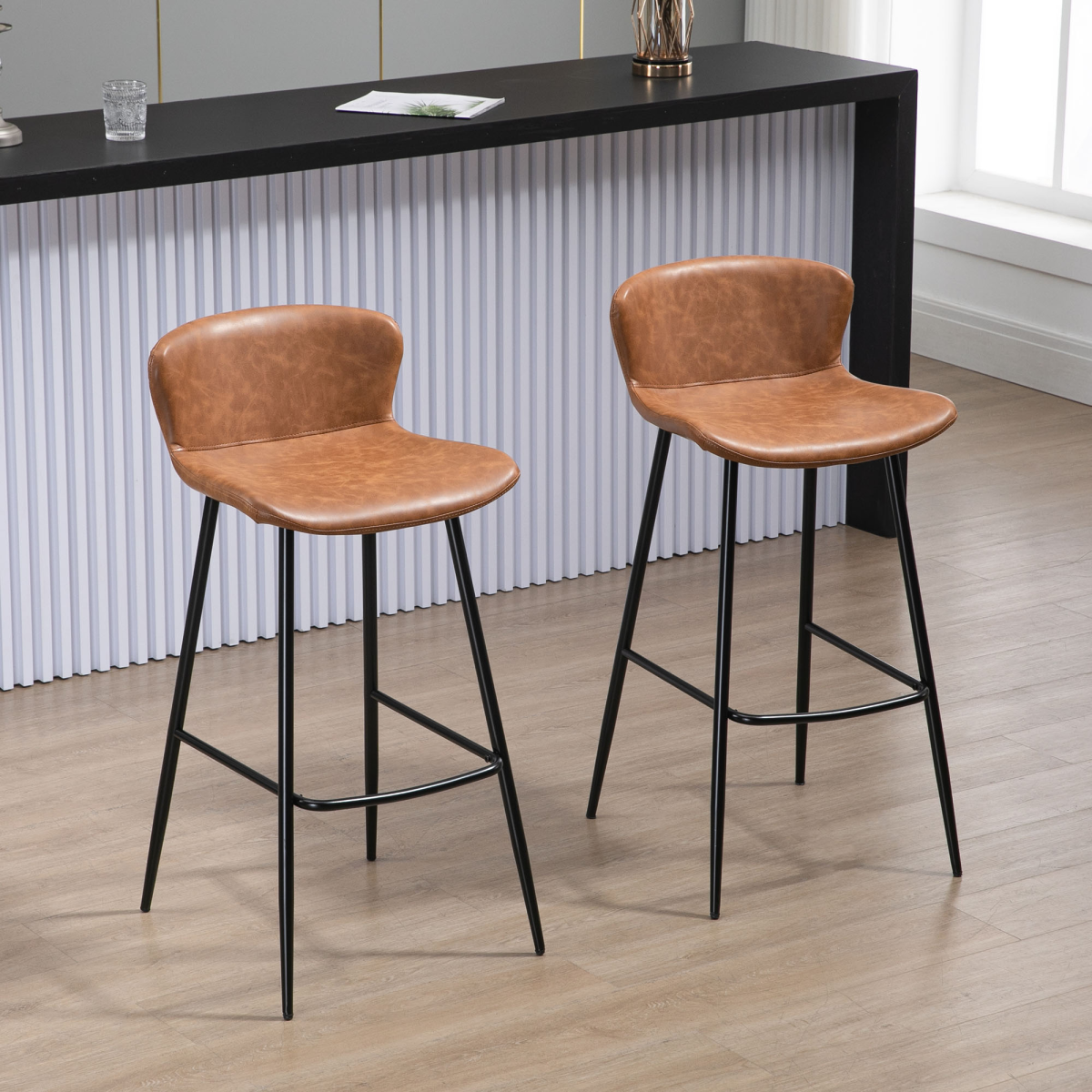 HOMCOM Set of 2 Retro Bar Stools with Back, Footrest & Steel Legs – PU Leather Bar Chairs