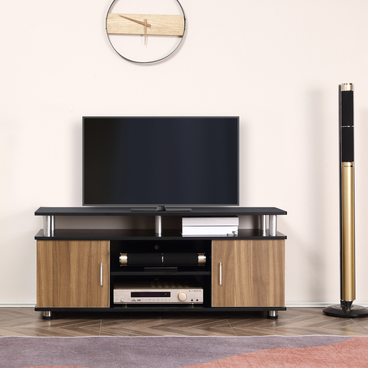HOMCOM TV Cabinet Media Console with Cupboards, Shelves & Cable Management – Living Room Unit, Black & Walnut