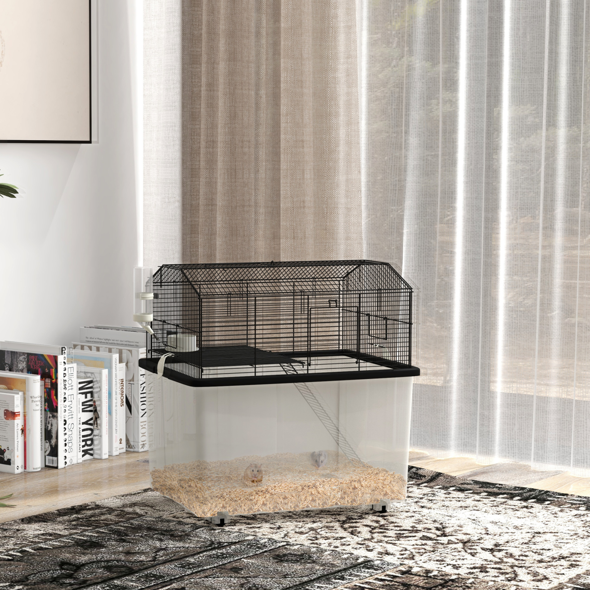 PawHut Two-Tier Hamster Cage with Deep Base, Ramp & Food Dish – Gerbil & Syrian Hamster Home on Wheels, Black
