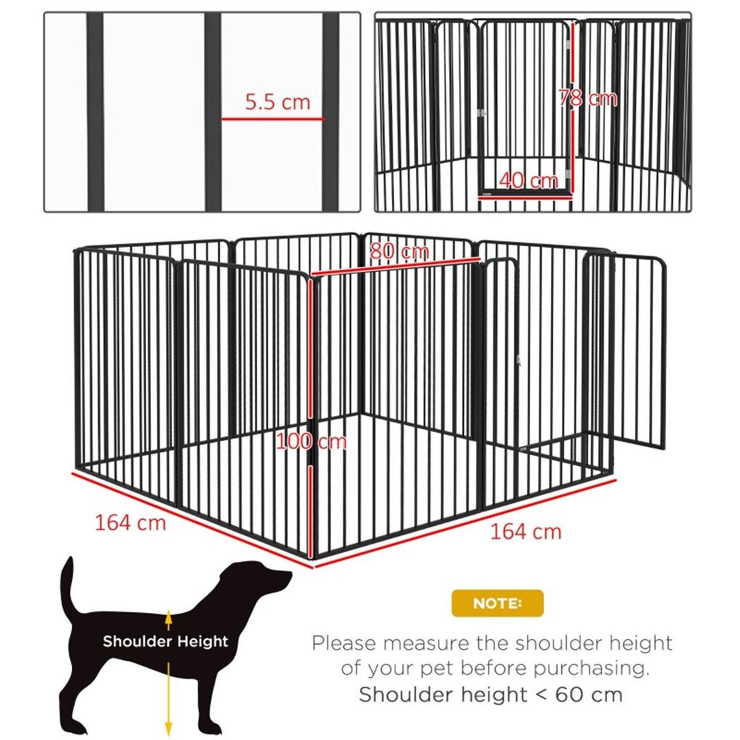 Steel Dog Crate Playpen with 8 Reshapeable Panels and 9 Ground Stakes – Indoor and Outdoor Pet Pen, Black