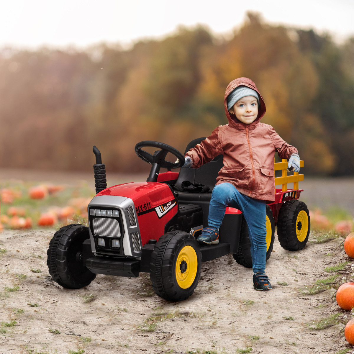 HOMCOM Ride-On Tractor with Detachable Trailer, Remote Control & Music – Kids Electric Toy, Red