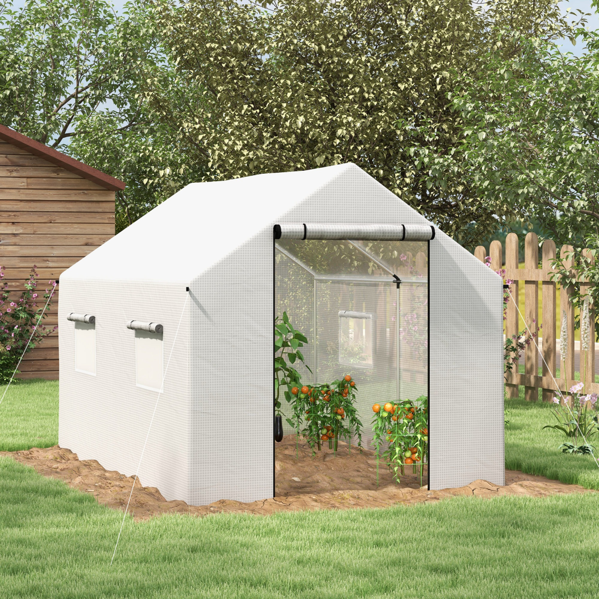 Outsunny 2 x 3m Tunnel Greenhouse with UV PE Cover, Wide Roll-Up Door & Windows – Steel Frame, White