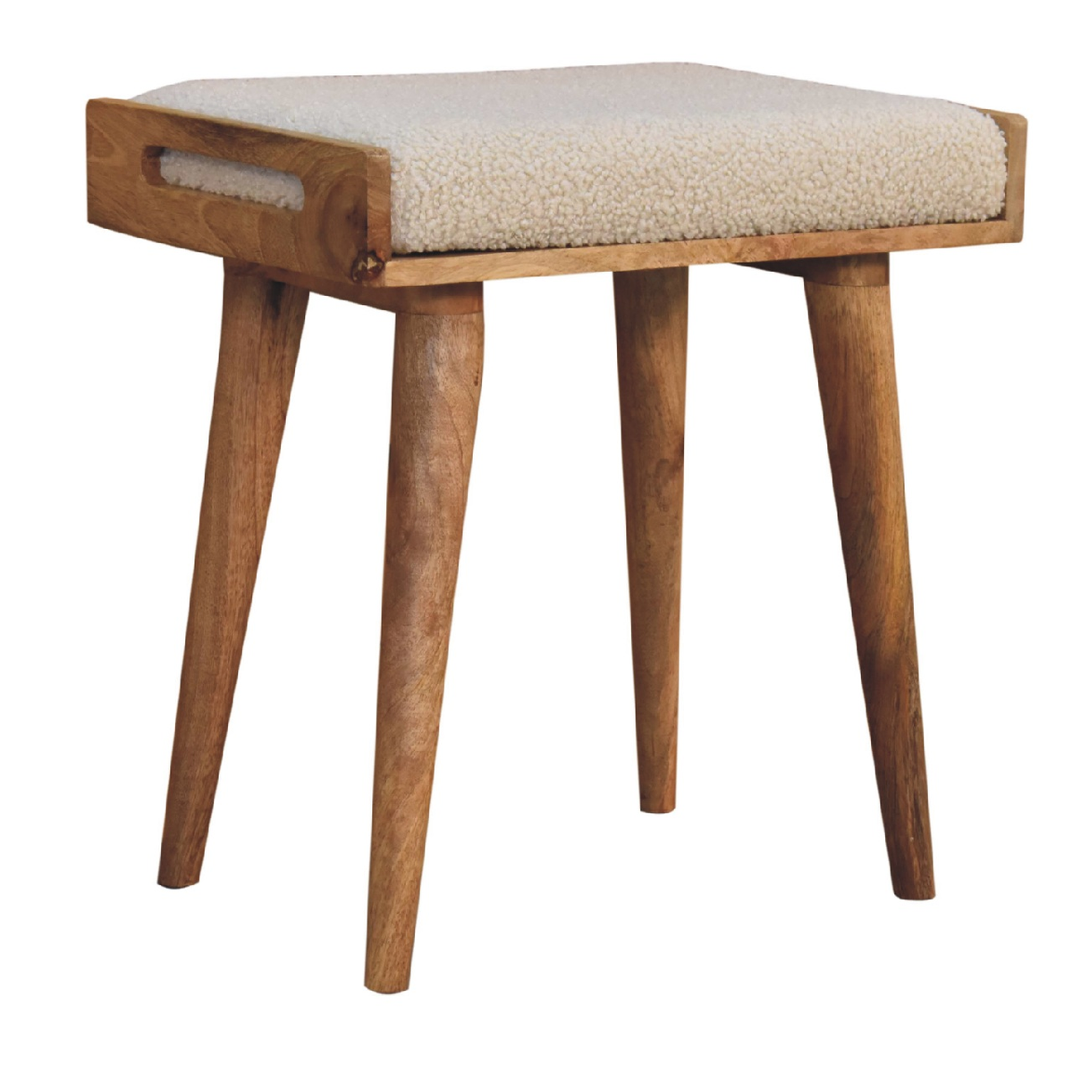 Artisan Furniture Tray-Style Footstool in Solid Mango Wood with Cotton Boucle Upholstery – Cream & Brown