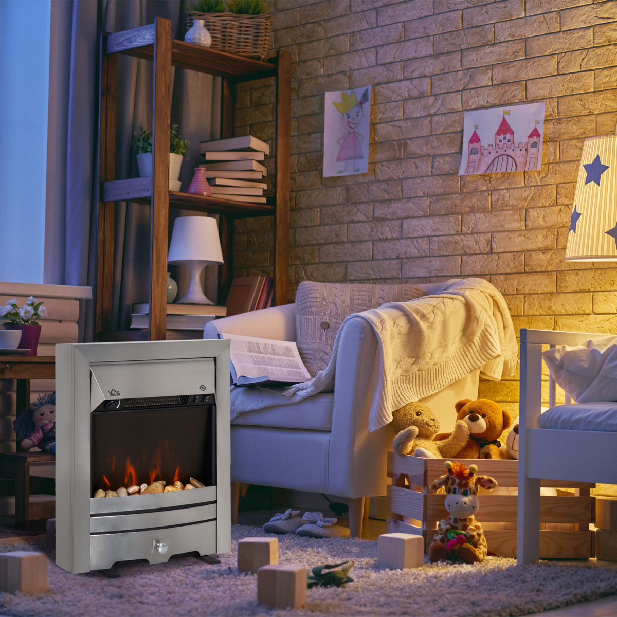 HOMCOM 2KW LED Flame Electric Fireplace with Pebble Burning Effect – Freestanding, Stainless Steel