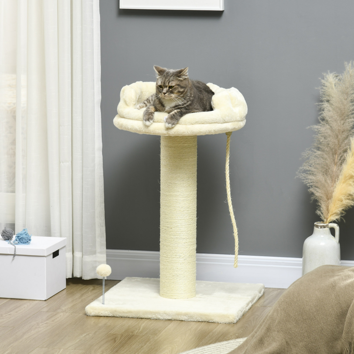 PawHut Cat Tree for Indoor Cats with Sisal Scratching Post & Spacious Bed – Kitten Climbing Tower, Cream