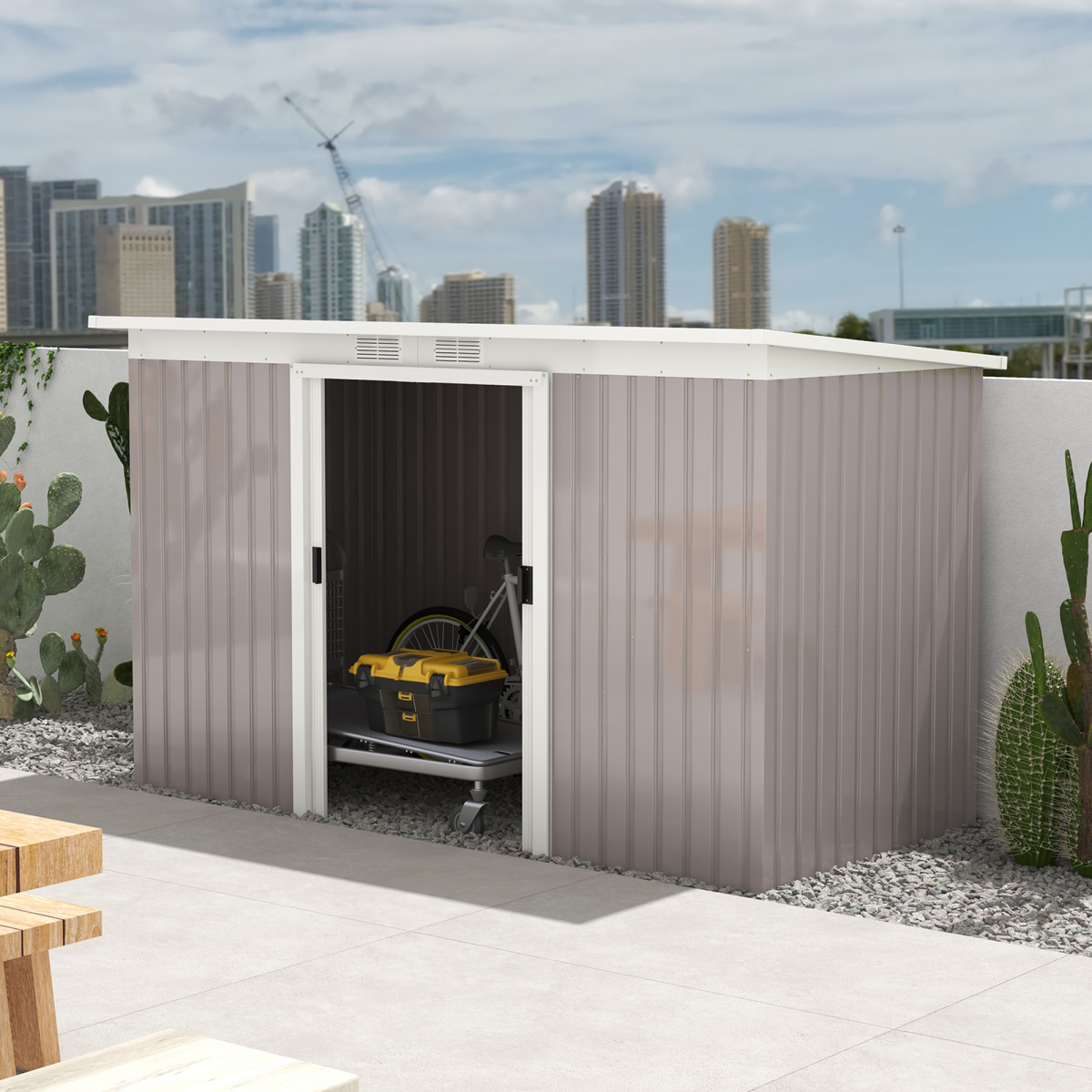 Garden Storage Shed with Metal Roof – Galvanised Steel Tool Store Building with 96cm Door, Light Grey