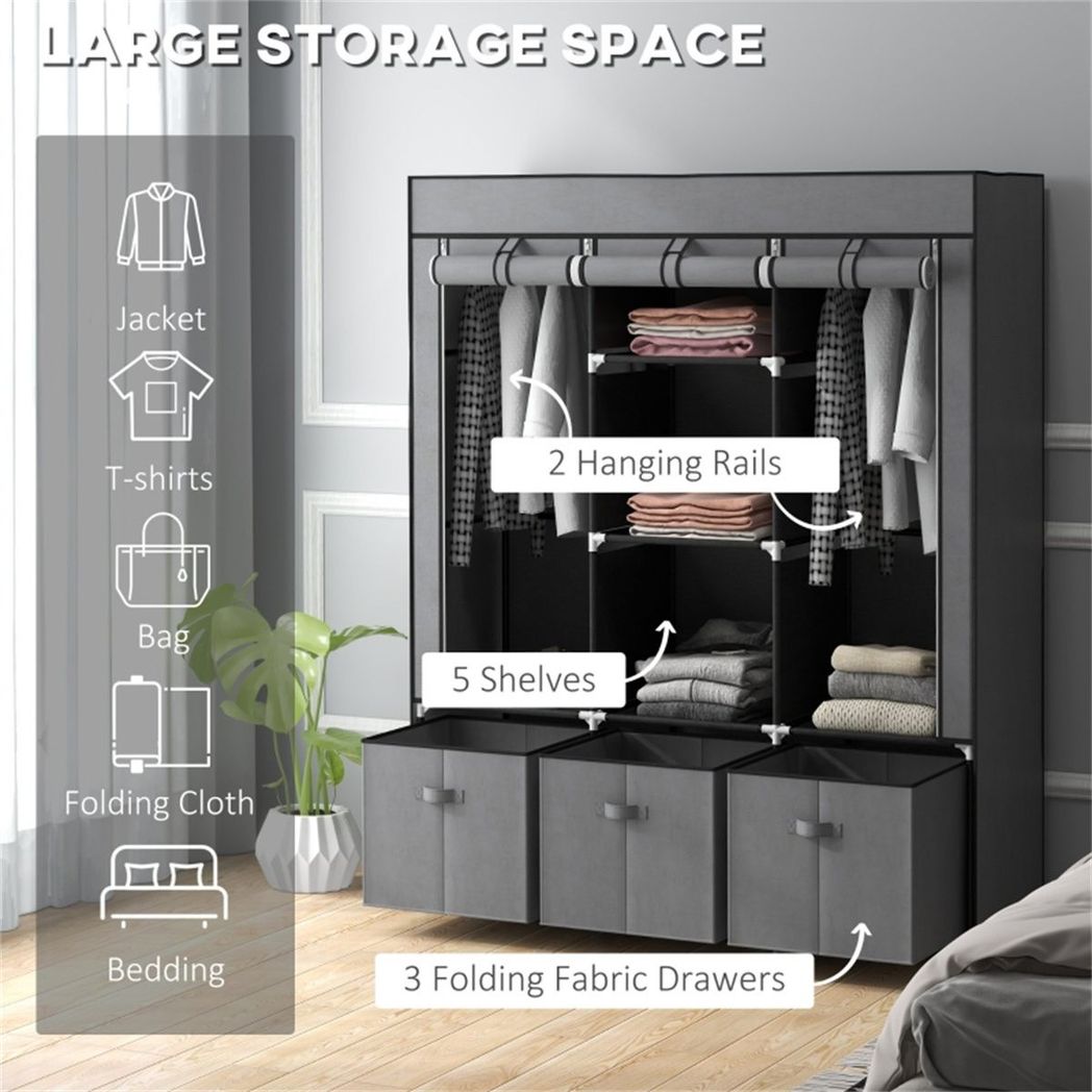 Chester Portable Wardrobe with 2 Hanging Rods, 5 Shelves & 3 Fabric Drawers – Steel Frame Clothes Storage